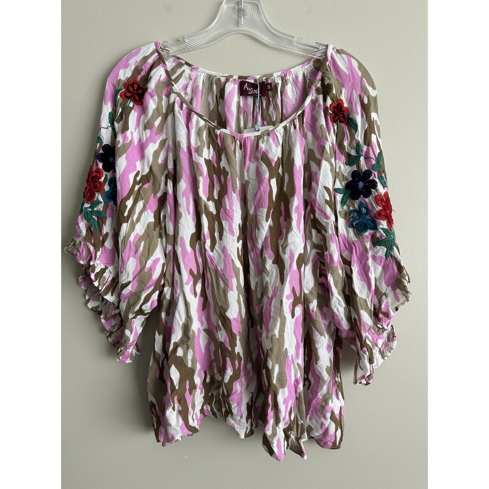 AVANI DEL AMOUR NWT Pink/Brown/Olive‎ Camo Boho Flowy W/Embroidery; Size Small